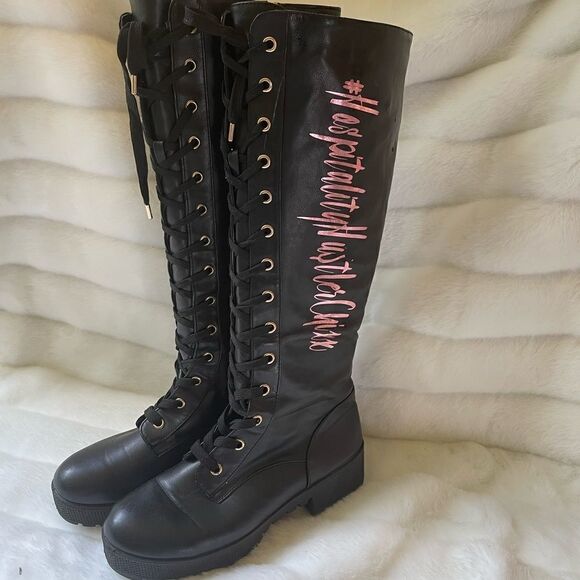 Black vegan leather lace up knee high chunky boots with metallic pink script SZ9 - Picture 1 of 12